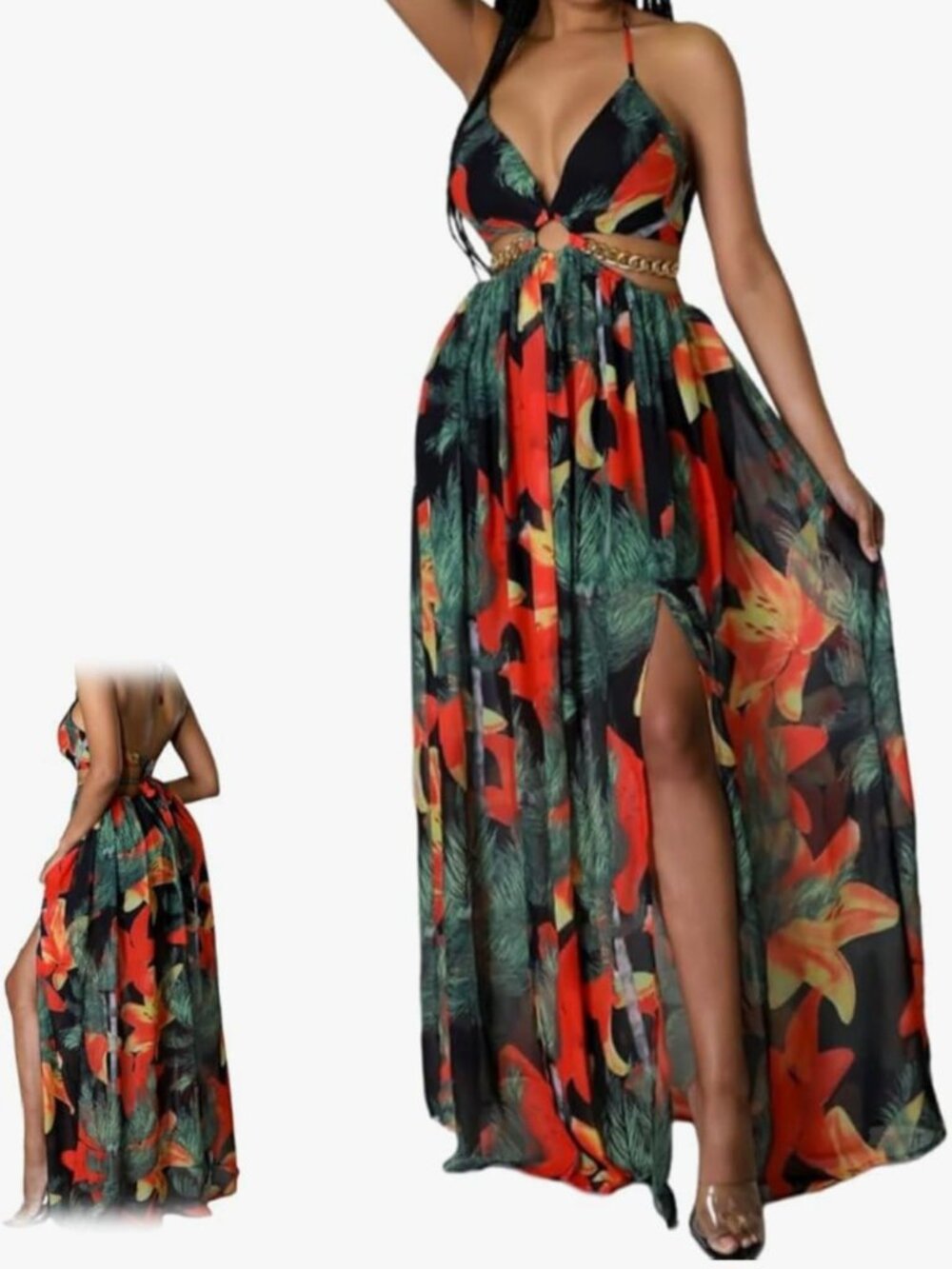 Elegant Women's Maxi Dress with Floral Halter Neck Metal Waist Chain and High